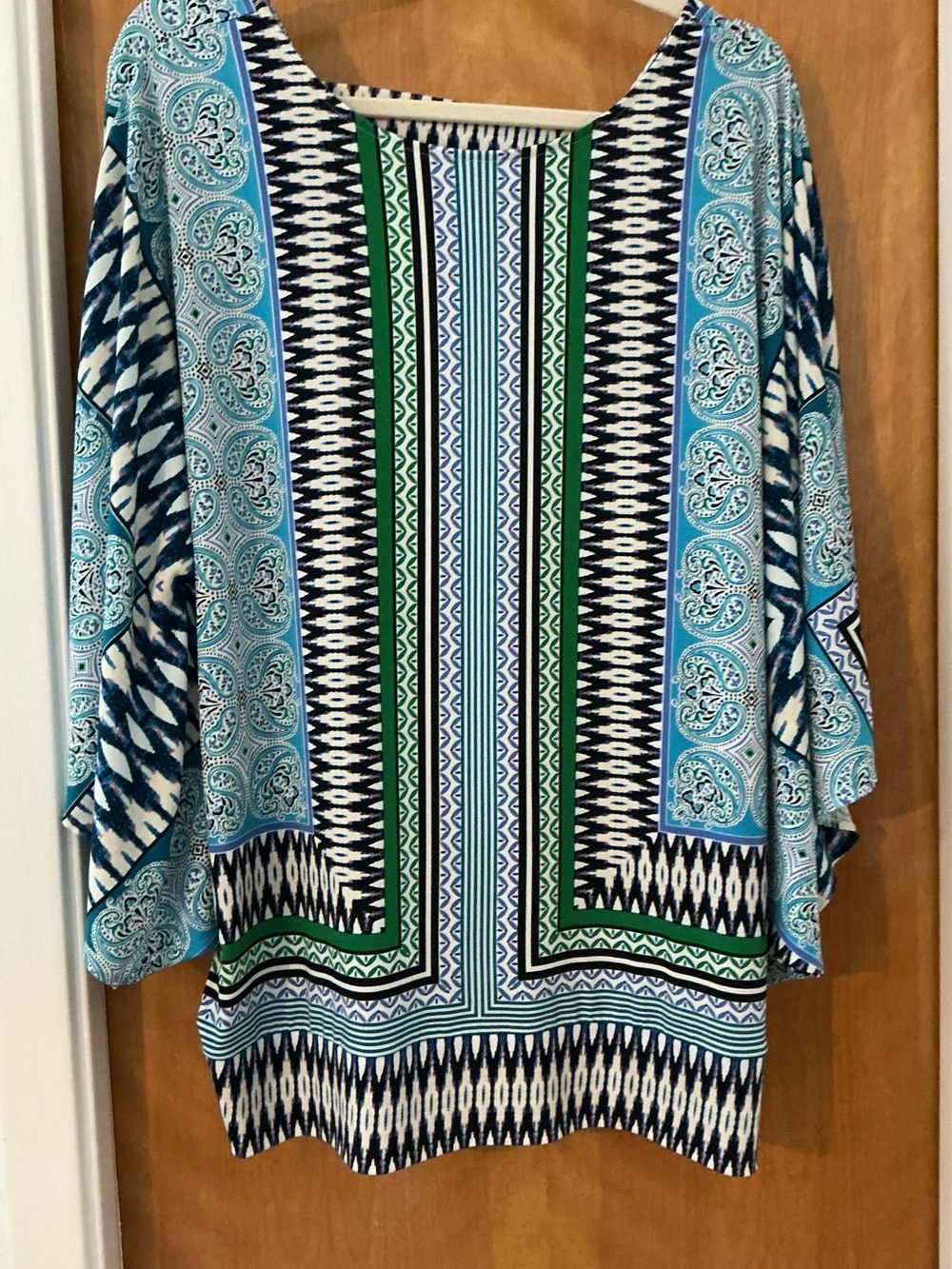 Chico’s Blue & Green Printed Boho Tunic Top Sz 3. XL